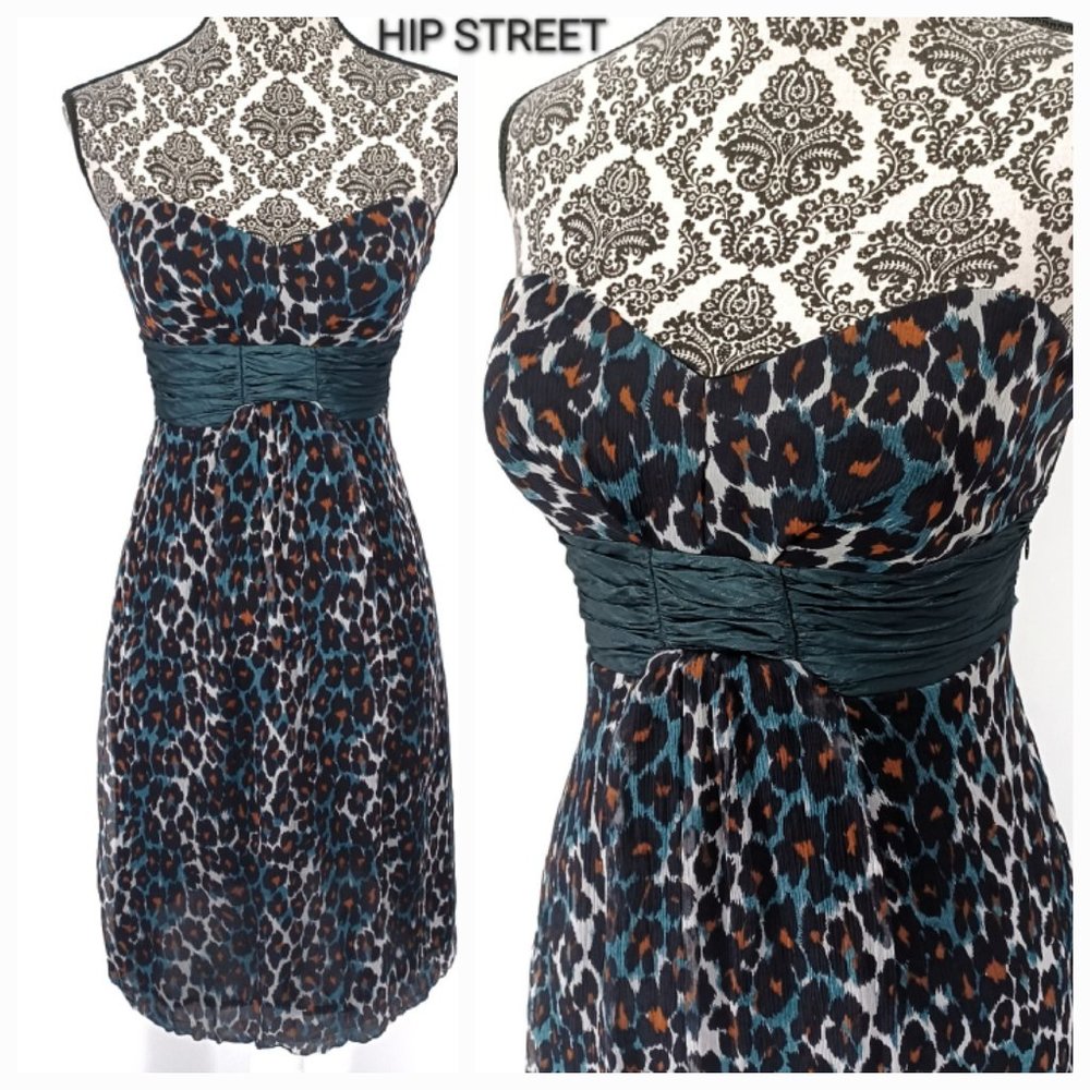 NICOLE MILLER Dress Strapless High Waist Leopard Silk Chiffon Balloon Hem 4